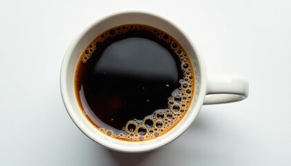 Close-up of a full coffee cup, condensation visible, on a white surface , aroma, brown