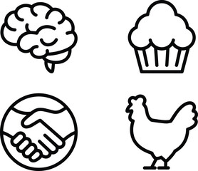 Four icons representing intelligence food business and agriculture in black outline