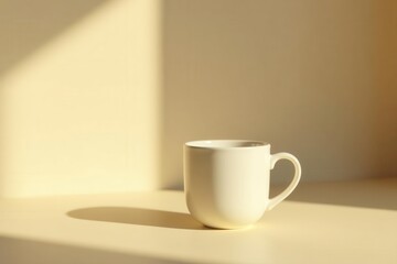 Minimalist Nordic cup, warm sunlight, beige table, empty wall , serenity, interior, peaceful