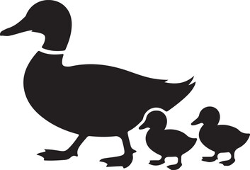 Obraz premium Set of Duck Silhouettes - Vector Icon Collection of a Swimming Duck and a Mother Duck Walking with her Ducklings.