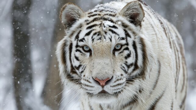 Majestic white tiger with snow-dusted fur stares intensely in a winter forest scene