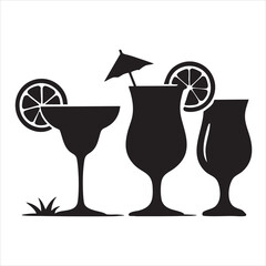 Black silhouette cocktail glass illustration set with citrus garnish, umbrella summer party vector graphics, beverage-themed artwork, and minimalist drink icons