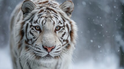 White tiger portrait in a snowy forest, eye contact, bokeh background