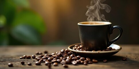Steaming coffee in a cezve, coffee beans & leaves on wood , brown, morning