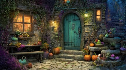 Stone cottage glows with warm light, adorned with foliage, pumpkins and rustic charm