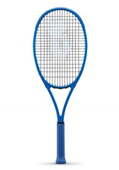 Blue tennis racket full length view with professional grip isolated white background sports equipment studio shot
