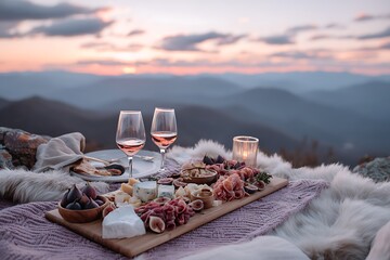 A romantic sunset picnic setup with a charcuterie board of cheese, figs, prosciutto, wine glasses, and a soft blanket overlooking a scenic mountain view.