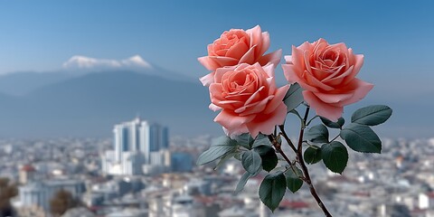 Three delicate pink roses in the foreground with a city and mountains in the background