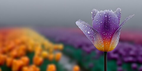 Beautiful Dew Covered Tulip Flower in a Field