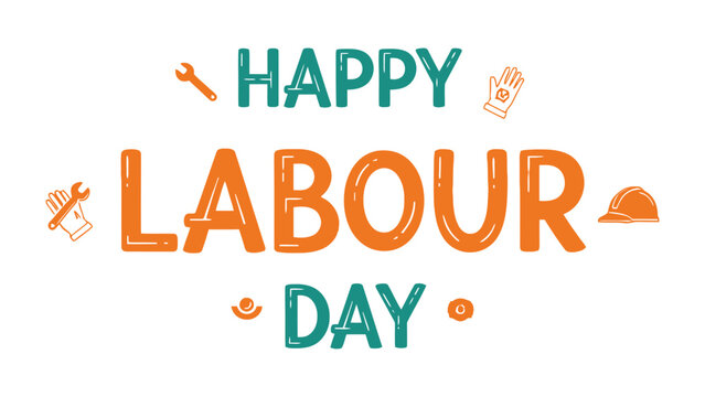 Happy Labor Day Typography: A colorful typography design celebrating Labor Day, featuring hand-drawn illustrations of tools and celebratory text.
