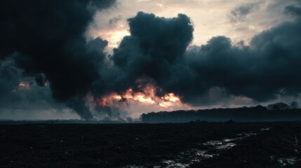 Dark, dramatic sky with heavy clouds over a field and distant trees in moody lighting