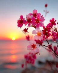 Delicate Pink Blossoms Greet a Fiery Ocean Sunrise Over the Water