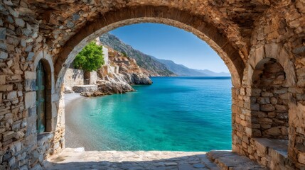 Stone archway framing picturesque turquoise mediterranean sea in greece
