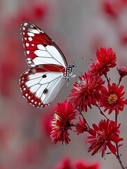 Beautiful Red White Butterfly Resting on Red Chrysanthemum Flowers in Sunlight