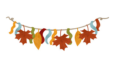 Autumn garland of ribbons and leaves, festive watercolor composition in autumn colors. Design element for printing, children's prints, and decorations.