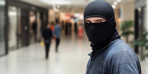 Individual wearing black mask in a busy shopping mall Generative AI