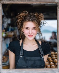 A beautiful young woman with messy buns smiles wearing a black apron in an outdoor market