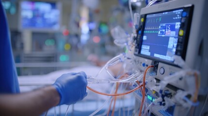 Perfusionist priming ECMO circuit in medium shot next to pediatric bed focused on precise connection of oxygenator tubing blurred background highlighting hospital monitors.
