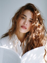 Sunlit portrait of a woman with wavy auburn hair reading a book