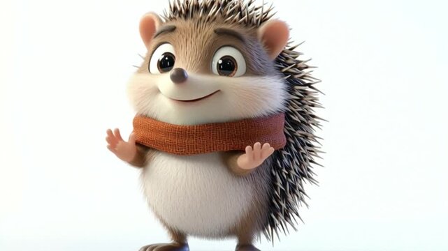 Animated hedgehog with a scarf smiling with paws up on a white background
