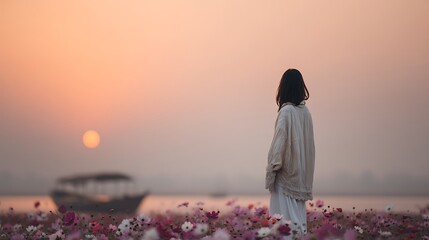 Woman Gazing at Sunrise over Water Among Flowers