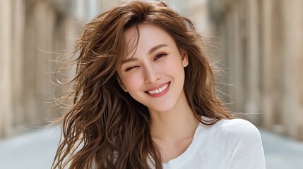 Beautiful Woman with Flowing Brown Hair Smiling Brightly Outdoors
