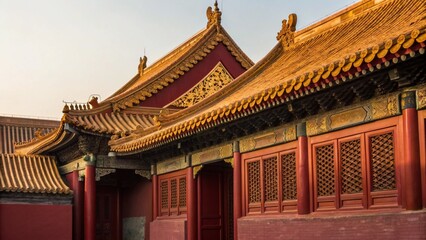 Fototapeta premium Close Up of Forbidden City Building Facade with Red Walls and Golden Roof Ornaments in Beijing China for Cultural Heritage Education