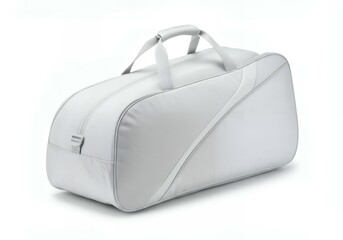 Sleek light gray duffel bag with curved design padded handles and adjustable strap isolated on white for modern travel lifestyle