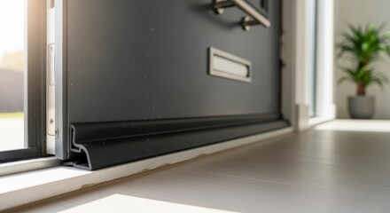Wide angle of a modern front door with newly installed door sweep draftstopper sealing gaps against wind and dust.