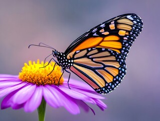 Fototapeta premium Monarch butterfly drinking nectar from purple flower in summer garden