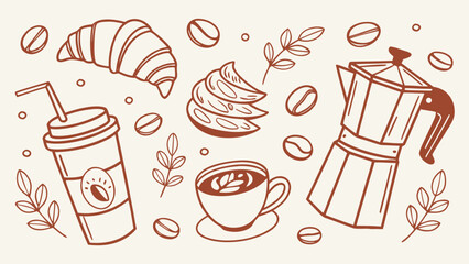 Hand-drawn coffee and brunch doodle vector illustration in orange sketch style on light background