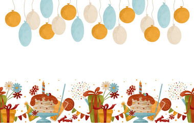 Festive seamless border: cupcake, candle, candy, garland, confetti, flowers, gifts, balloons. Watercolor, pastel illustration in autumn colors. design
