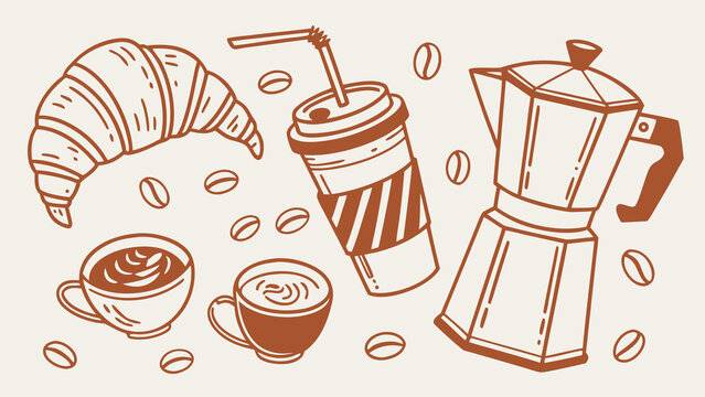 Hand-drawn coffee and brunch doodle vector illustration in orange sketch style on light background