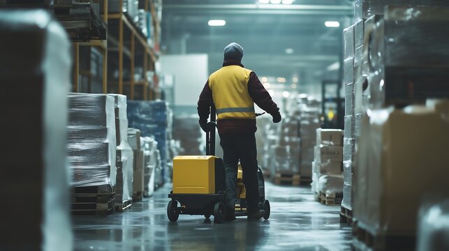 Worker operating electric pallet jack moving goods in large warehouse storage facility - Powered by Adobe
