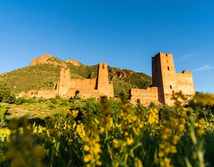 Ancient castle ruins amidst vibrant yellow flowers