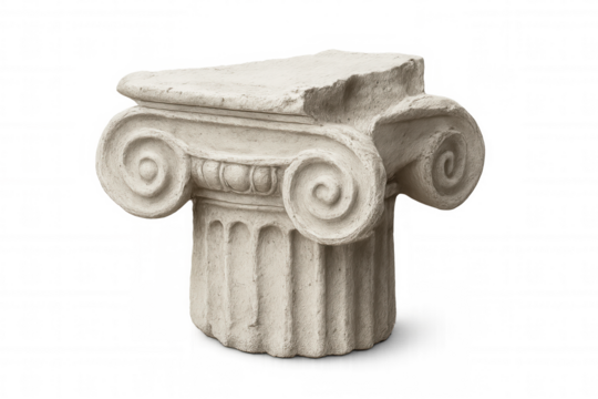 Ionic column capital revealing intricate volutes, weathered surface highlighting classical architectural craftsmanship, transparent background