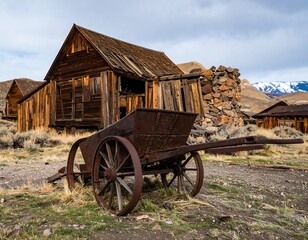 Obraz premium Abandoned wooden cabin and wagon
