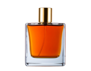 Elegant Perfume Bottle with Golden Cap, Front View, Isolated on Transparent Background