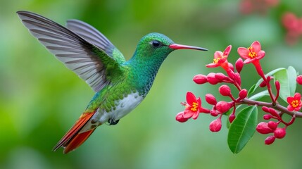 Rufous tailed hummingbird hovering near red flowers with blurred green background