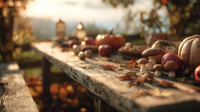 Rustic wooden table with pumpkin, apples, mushrooms, and autumn leaves in warm golden sunset light
