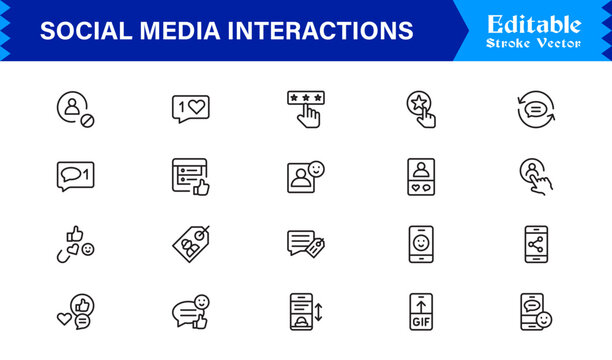 Social Media Interactions line icon set featuring clean, pixel-perfect symbols. Includes professional, modern, and minimal designs tailored to digital engagement themes.