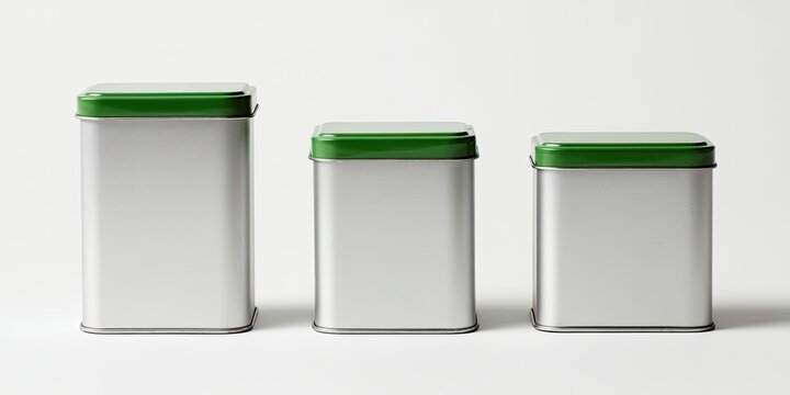 Three square metal tins with green lids