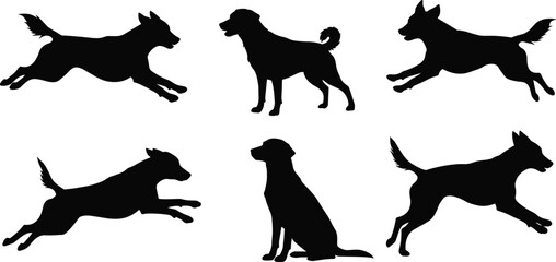 Dog silhouettes, running and sitting poses, black vector animal shapes, pet graphic design