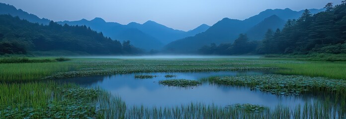 Fototapeta premium White birds soar over misty rice fields at sunrise with golden light.