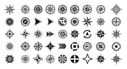 Collection of compass rose icons and directional arrows in black and white wind rose navigation