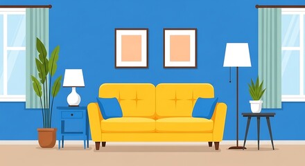 Colorful Cartoon Living Room With Yellow Sofa And Blue Walls interior illustration