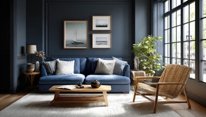 Obraz premium Cozy living room with navy blue sofa and natural light