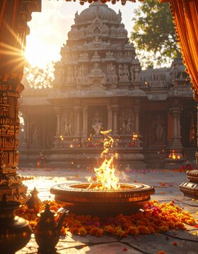 Majestic South Indian Temple Courtyard at Golden Hour. A traditional yagna kund with fire, surrounded by marigold flowers, symbolizing a sacred ritual