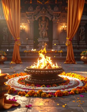 Majestic South Indian Temple Courtyard at Golden Hour. A traditional yagna kund with fire, surrounded by marigold flowers, symbolizing a sacred ritual