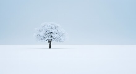 Solitary frosted tree in snowy field